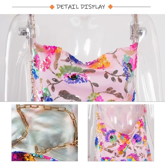 NWT gold chain strap sequin mini sheath dress square S M L pale pink multicolor - Picture 7 of 15